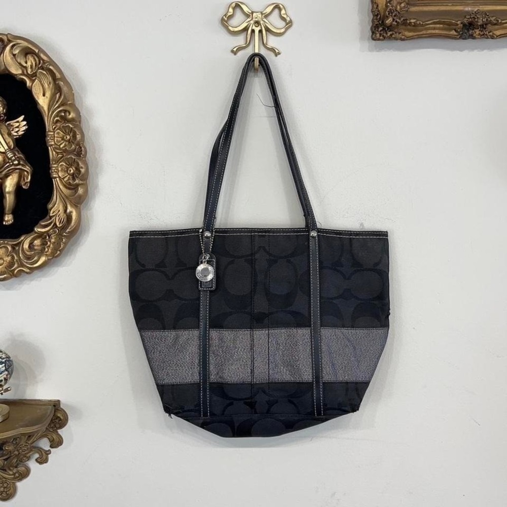 Vintage Coach Signature Black Jacquard Tote Bag Leather Trim Shoulder Purse